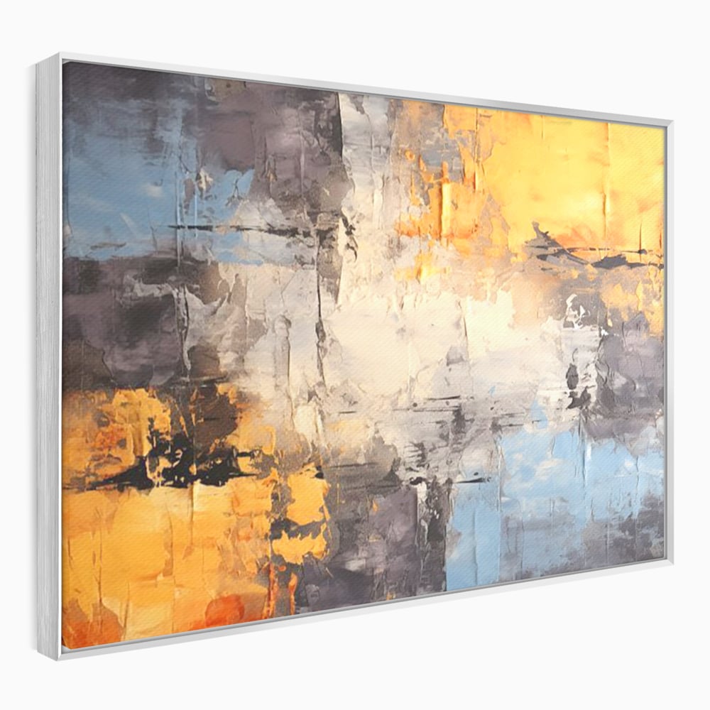 Tablou canvas cu pictura abstracta cu texturi portocalii si gri, in rama de aluminiu argintiu
